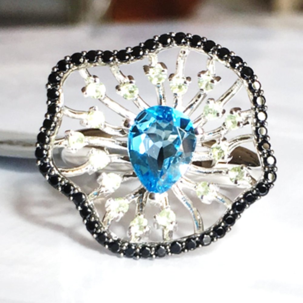 Swiss Blue Topaz .925 Cocktail Ring Peridot Black Spinel Sterling Silver Genuine - Picture 8 of 15